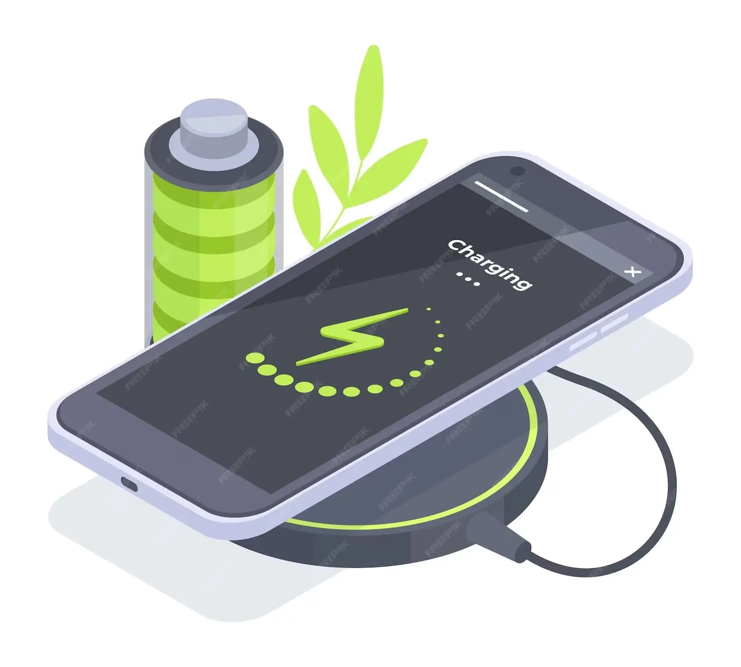 A smartphone screen displaying a battery icon with a green leaf, symbolizing energy efficiency.