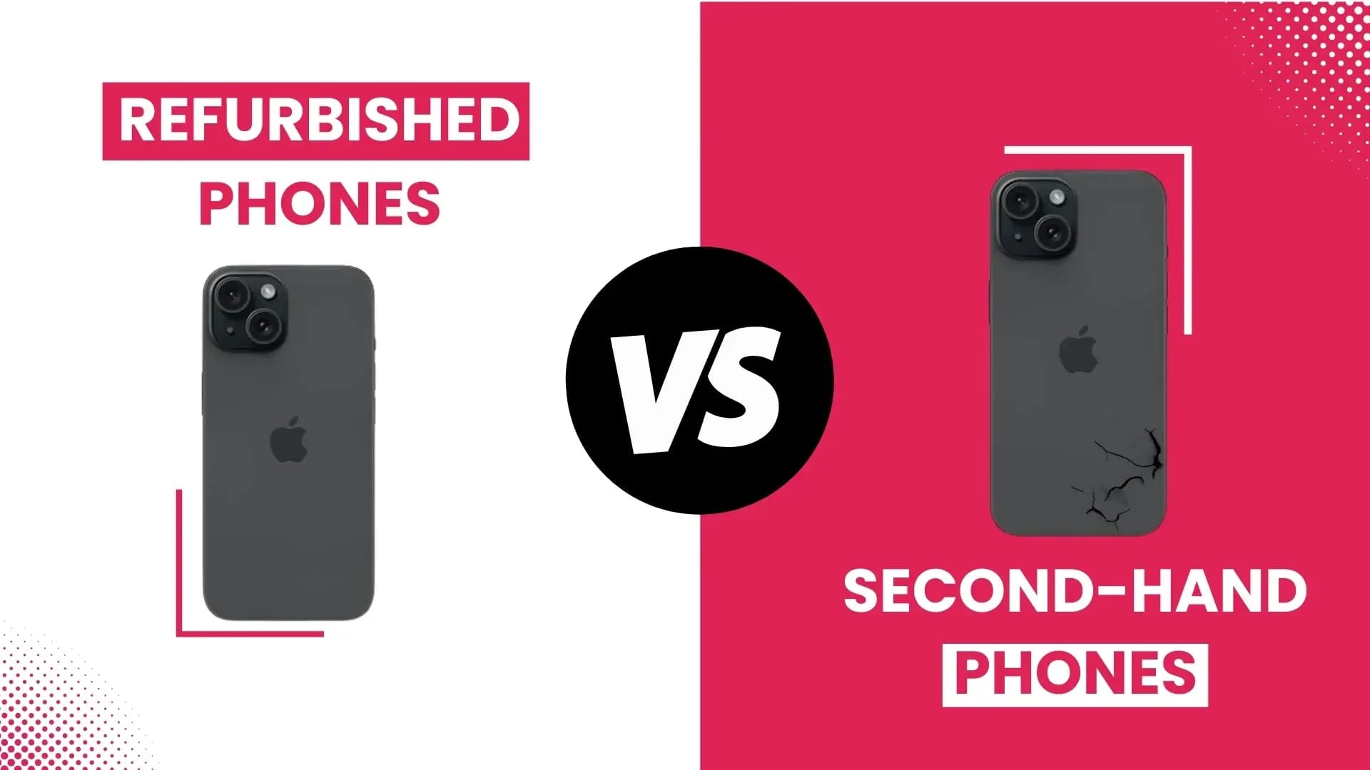 A split-screen image showing a professionally refurbished phone in a clean box on one side, and a used phone with scratches on the other.